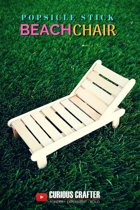 Popsicle stick beach chair or lounger. Step-by-step guide to creating popsicle stick beach chair or lounger perfect for a dollhouse or scaled model.   #popsicle #popsiclestick #icecreamstick #dollfurniture #furniture #stick #chair #lounger #dollhouse #craft #diy #wood #handmade #popsiclestickchair #curiouscrafter #craftideas #craftprojects #kidstoys #diykidstoys #diytoys #handmade #toys Popsicle Stick Barbie Furniture Diy, Popsicle Stick Beach Chair, Popsicle Stick Miniatures, Popsicle Stick Doll Furniture, Nuimos Diy, Popsicle Stick Furniture, Stick Chair, Popsicle Stick Crafts House, Popsicle Stick Houses