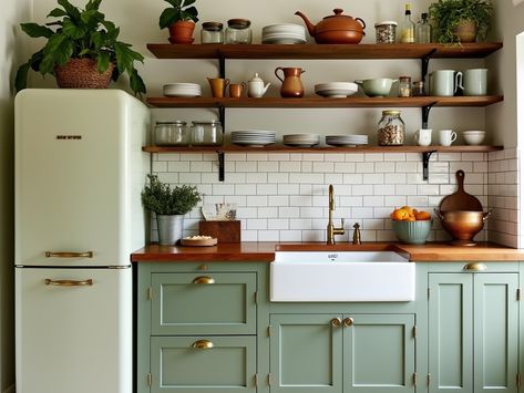 Transform your kitchen into a charming vintage haven! 🌿 Discover open shelving, elegant brass fixtures, and a gorgeous sage green cabinetry that beautifully complements subway tiles. The farmhouse sink and butcher block countertop create the perfect space for culinary creativity, while a retro refrigerator adds nostalgic flair. 🍽️✨ Green Kitchen Cabinets Subway Tile, Farmhouse Sink Green Cabinets, Green Subway Tile Kitchen, Colorful Farmhouse Kitchen, Sage Green Cabinets, Green Subway Tile, Luxurious Penthouse, Butcher Block Countertop, Retro Refrigerator