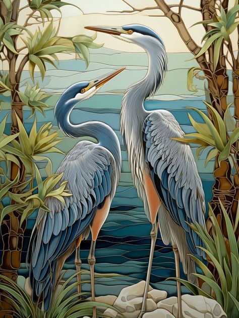 Studio Mural, Bird Mosaic, Tile Border, Unsanded Grout, Heron Art, زجاج ملون, Tile Mosaic, Herons, Tile Murals