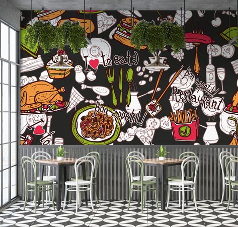 Restaurant Wall Mural Ideas, Wallpaper For Restaurant Wall, Restaurant Wallpaper Design, Restaurant Wall Design Ideas, Wall Graphics Restaurant, Food Mural, Restaurant Wallpaper, Restaurant Mural, Burger Pizza