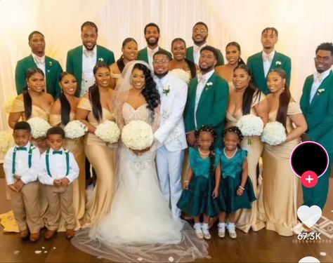 Emerald Green Groomsmen Attire Bridesmaid Dress, Emerald Green And Champagne Bridal Party, Green And Gold Wedding Party Attire, Good And Green Wedding, Teal And Beige Wedding Theme, Emerald And Beige Wedding, Bridesmaid And Groomsmen Pictures Color Schemes, Emerald Green Weddings Black People, Green Wedding Theme Black People