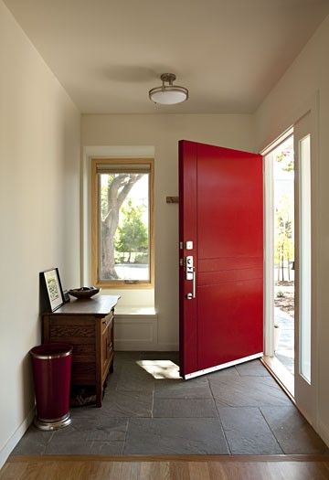 Similar door design.  Alternative if we don't like the window panes. Ranch House Addition, Laundry Room Paint Color, Entryway Tile, Modern Ranch House, Red Paint Colors, Red Front Door, Modern Remodel, Modern Entry, Entry Design