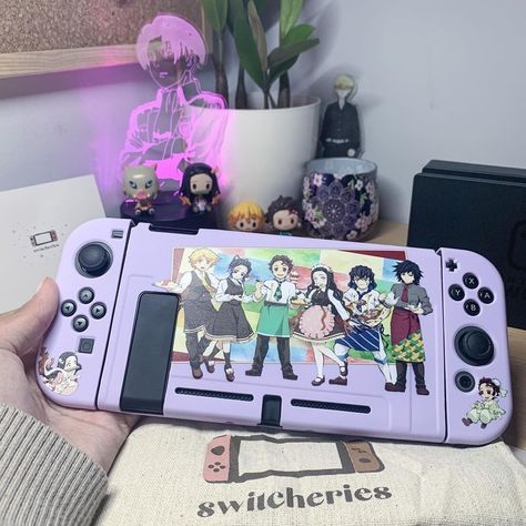 nintendo switch cute case with demon slayer characters tanjiro, nezuko, zenitsu and inosuke 🥰 desk setup, setup inspo, gaming setup, gamer setup, purple, cozy gaming, desk space, desk decor, aesthetic decor, aesthetic desk, desk inspiration, setup inspiration, anime, nintendo switch Anime Nintendo Switch, Nintendo Switch Cute, Cozy Gaming Desk, Zenitsu And Inosuke, Desk Decor Aesthetic, Switch Cases, Gamer Aesthetic, Setup Inspiration, Cozy Gaming