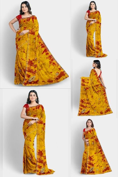 Multi-dye print saree Tie-dye print saree Hand-work saree Piping border saree Shimmer fabric saree Multi-dye shimmer saree Tie-dye shimmer saree Hand-work shimmer saree Shimmer Saree, Shimmer Fabric, Border Saree, Print Saree, Tie Dye Print, Red Yellow, Piping, Printer, Tie Dye