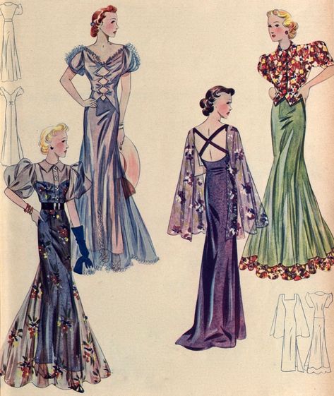 1937 Fashion, 1920s Prom, 30’s Fashion, 1930s Fashion Women, 1930s Gown, 1930's Dresses, 1930 Fashion, Decades Of Fashion, Fashion Artwork