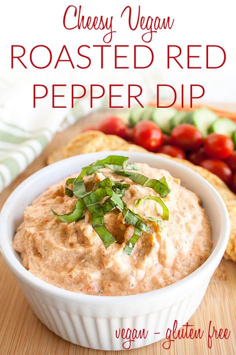 Cheesy Vegan Roasted Red Pepper Dip (gluten free) - This simple dip will be the hit of the party! Made with tofu ricotta, it is sure to please. #roastedredpepperdip #tofuricotta #redpepperdip Tofu Dip, Vegan Sauce Recipes, Roasted Red Pepper Dip, Red Pepper Dip, Pepper Dip, Vegan Dips, Tofu Ricotta, Stuffed Pepper Dip, Healthy Appetizer