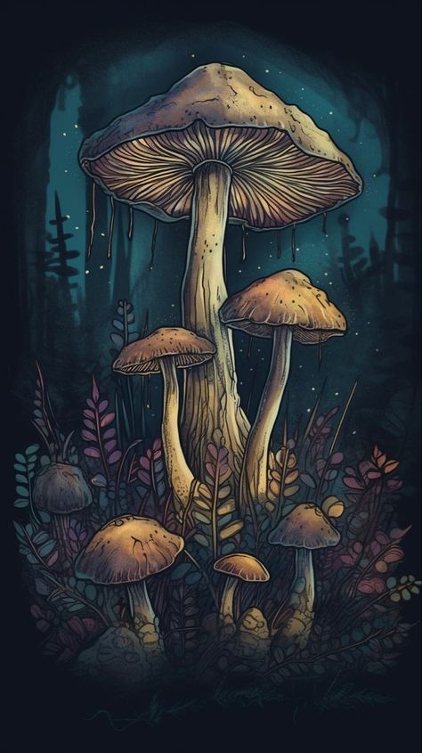 Phone Background Purple, Background Mushroom, Background Artwork, Mushroom Illustration, Art Mushroom, Background Purple, Purple And Teal, Phone Art, Mushroom Art