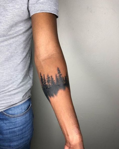 Mountain Ocean Arm Band Tattoo, Tree Band Tattoo Arm, Forest Wrist Tattoo, Forest Arm Band Tattoo, Wrist Cover Up Tattoos Men, Coverup Tattoo Ideas For Men Forearm, Mtb Tattoo, Steve Tattoo, Shoulder Cover Up Tattoos