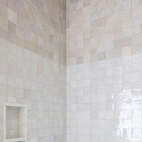 Zia Tile Pure White Zellige, Two Tone Shower Tile Ideas, White Zellige Tile Bathroom, Zia Tile Bathroom, Zellige Tile Bathroom, Rosemary Beach Homes, Honed Marble Floor, Laundry Remodel, Tahoe House