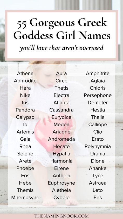 Looking for a beautiful and unique baby girl name inspired by Greek goddesses? We’re sharing gorgeous Greek girl names with beautiful meanings. Our list shares ethereal and pretty girl names from Greek mythology. Click through for the full baby girl name list. girl name aesthetic, exotic baby names, unique girl names, Girl Name List, Greek Girl Names, Rare Baby Girl Names, Sims Names, Exotic Baby Names, List Of Girls Names, Greek Goddesses, Goddess Names