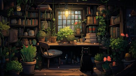 cozy bookstore art with a black cat, plants Cozy Bookstore, Cute Wallpaper For Laptops, Vintage Desktop Wallpapers, Fantasy Room, Notion Ideas, 컴퓨터 배경화면, Cottagecore Wallpaper, Pc Desktop Wallpaper, Hd Wallpapers For Laptop