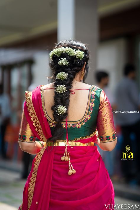 Makeup and Hair style done by @iramakeupstudios  For booking : +91 8099996034  #iramakeupstudios #iramua #mua #irateam #makeup #bridalmakeup #makeupartist #hyderabadmakeupartist #indianbride #southindianbride #thebridesofindia #hyderabad #pellipoolajada #hairdo #jewellery #bridalinspiration #photography Hairstyle For Engagement, Bridal Hairstyle For Reception, Engagement Hair, South Indian Wedding Hairstyles, Hairstyle Indian, Indian Braids, Bridal Hair Decorations, Bridal Hairstyle Indian Wedding, Hair Style On Saree