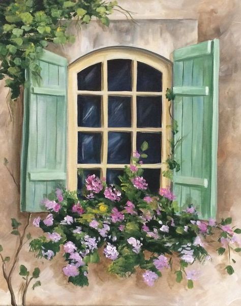 Jendela Vintage, Green Shutters, Seni Dan Kraf, 수채화 그림, Simple Acrylic Paintings, Nature Art Painting, Beginner Painting, Window Art, Window Painting