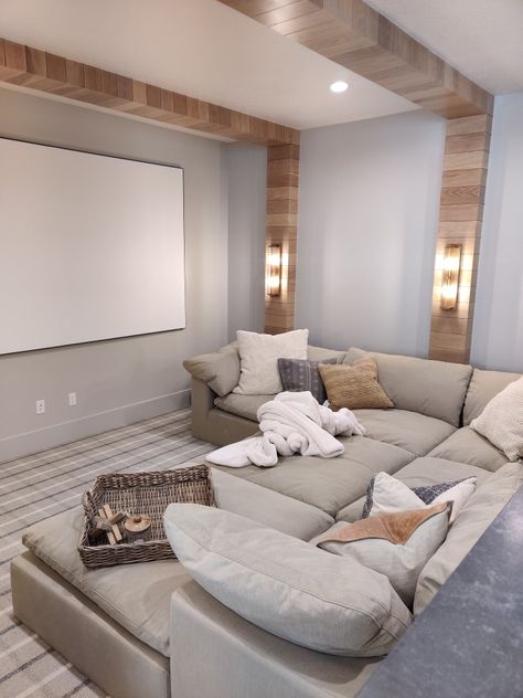 Bonus Room Movie Room Ideas, Comfy Basement Furniture, Master Bed With Couch At End, Media And Playroom Ideas, Living Room In Basement Ideas, Cozy Bonus Room Ideas, Movie Room With Sectional, Movie Room Sectional, Bonus Room Theater Ideas