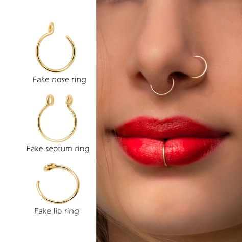 Faux Nose Rings Set Faux Nose Ring Faux Septum Ring Faux - Etsy UK Getting A Piercing, Fake Lip Ring, Faux Septum Ring, Faux Nose Ring, Fake Nose Ring, Septum Piercing Jewelry, Fake Lips, Faux Septum, Ear Lobe Piercings