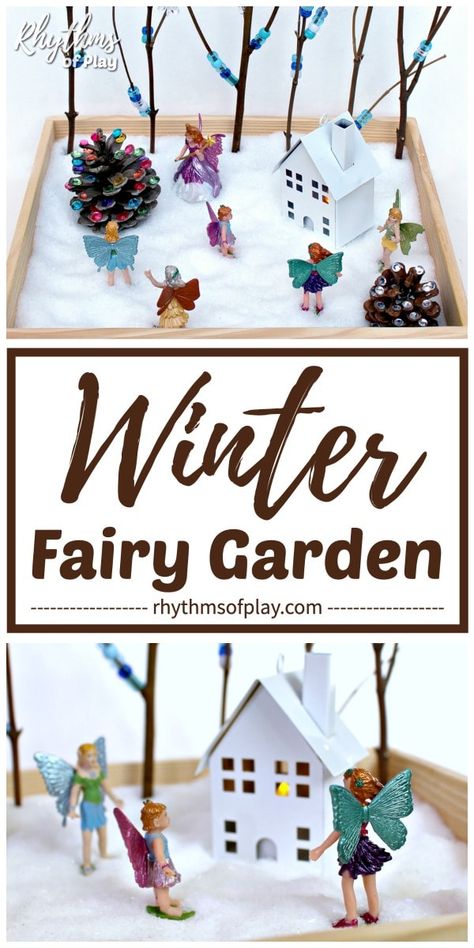 DIY Winter Fairy Garden - This tabletop winter wonderland small world is easy to make and provides unlimited hours of imaginative play. This homemade fairy garden idea does not require live plants or soil, instead, it contains sensory and fine motor activities for kids! | #FairyGarden #WinterFun #SensoryPlay #WinterCraft #DIYforKids Winter Fairies, Tabletop Diy, Winter Fairy Garden, Sensory Play Recipes, Tuff Spot, Fine Motor Activities For Kids, Fun Winter Activities, Fairy Garden Crafts, Winter Activities For Kids