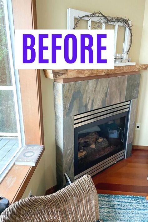 See how they transformed their old outdated fireplace with this modern upgrade using stick on stone tiles. We can't believe the before and after fireplace makeover photos. Painting Slate Tiles, Slate Tiles Fireplace, Before After Living Room, Before And After Fireplace, Stone Tile Fireplace, Diy Fireplace Makeover, Slate Fireplace, Living Room Fireplace, Painted Slate