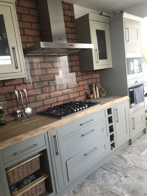 Green Kitchen Cupboards, Brick Kitchen Wall, Kitchen With Brick Wall, Kitchen Brick Wall, Wickes Kitchens, Brick Wall Kitchen, Kitchen Hood Design, Sage Green Kitchen, Industrial Kitchen Design