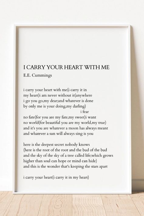 EE Cummings I Carry Your Heart With Me Poem Wall Art - Etsy Canada I Carry Your Heart With Me Poem, I Carry Your Heart With Me, I Carry Your Heart Poem, Literature Poster, Heart Poem, Classic Literature Quotes, Literature Posters, Ee Cummings, Literary Art