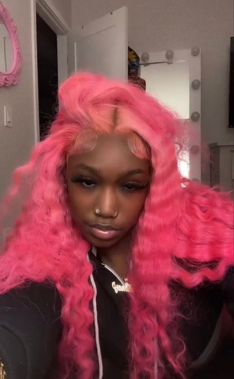 Pink Deepwave Wig, Deep Wave Pink Wig, Pink Water Wave Wig, Pink Wig Dark Skin, Pink Deep Wave Wig, Wig Installs, Lace Fronts, Creative Hair Color, Birthday Hairstyles