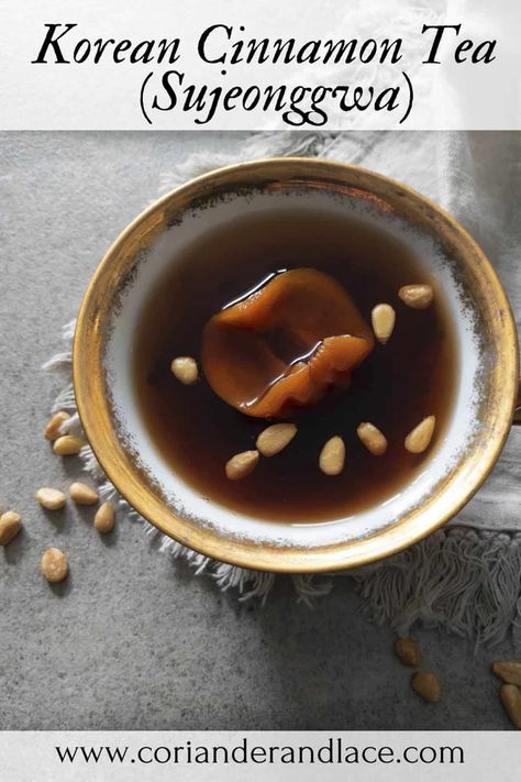 Sujeonggwa, Korean cinnamon tea, is a delicious, dessert drink made with cinnamon and ginger that is perfect for serving in chilly weather. Ginger Cinnamon Tea, Academia Library, Korean Tea, Tea For Digestion, Japanese Ginger, Korean Dessert, Cinnamon Tea, Ginger Nut, Autumn Weather