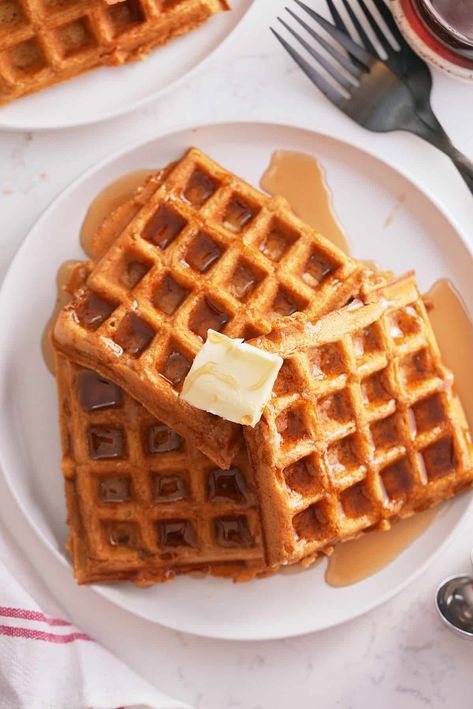 Sweet Potato Waffles - My Forking Life Potato Waffle Recipe, Pumpkin Waffles Recipe, Homemade Honey Butter, Waffle Batter, Best Sweet Potato, Potato Waffles, Sweet Potato Waffles, Pumpkin Waffles, Cinnamon Butter