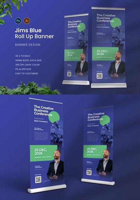 Jims Blue Business Conference Roll up Banner Template AI, EPS, PSD Roll Banner Design Creative, Standee Design Creative, Vinyl Stand, Rollup Design, Rollup Banner Design, Catalog Design Layout, Conference Poster, Roll Banner, Standee Design