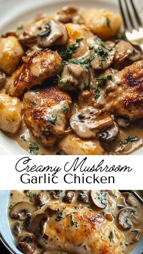 Treat yourself to this creamy mushroom garlic chicken, a fall dinner favorite. With juicy chicken simmered in a rich garlic cream sauce filled with mushrooms, this dish is flavorful and easy to make. Ideal for weeknight meals or a comforting weekend treat, it’s a recipe you’ll return to again and again. Cheesy Chicken And Mushrooms, Chicken Mushroom Carrot Recipes, Easy Hardy Dinners, Mushroom Chicken Recipes Easy, Cheesy Garlic Mushroom Stuffed Chicken, Chicken N Mushroom Recipes, Chicken Mushroom Gnocchi Recipes, Recipes With Fresh Mushrooms, Healthy Dinner With Mushrooms