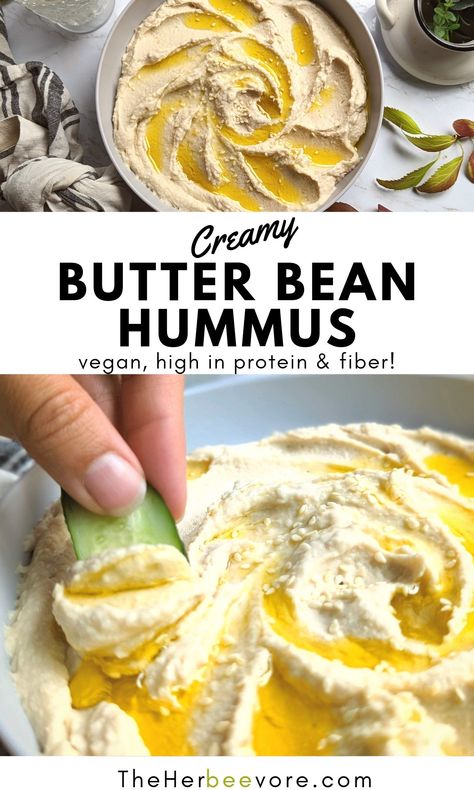 Butter Bean Hummus Recipe (Vegetarian, Gluten Free) Oil Free Hummus Recipe, Healthy Bean Dip, Vegetarian Bean Recipes, Bean Hummus Recipe, Dip For Vegetables, Creamy Beans, Easy Bbq Side Dishes, Yummy Lunch Recipes, Bean Hummus