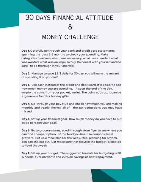 This challenge is designed to help you cultivate a healthy financial mindset and change the way you think and feel about money. Each day, you'll complete one task that will help you become more mindful, and more in control of your finances. By the end of the month, you'll be well on your way to achieving your financial goals. So what are you waiting for? Start now and take the challenge! 30 Day Financial Wellness Challenge, 30 Days Financial Challenge, Financially Responsible, Financial Goals For Your 20s, Smart Financial Goals, Wellness Challenge, Money Lessons, Financial Responsibility, Financial Fitness