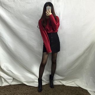 Korean Summer Fashion여름패션 ﻿ Ankle high black boots, long sleeved red shirt, button up black mini skirt, black see-through tights Silvester Outfit, Korean Fashion Ideas, Korean Fashion Outfits, Korean Street, Korean Fashion Trends, Black Women Fashion, Mode Inspo, Korea Fashion, Fashion Korean