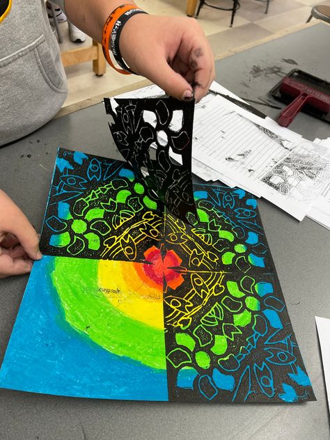 Year 6 Transition Art, Middle School Symmetry Art, Elementary Oil Pastel Projects, Abstract Art Projects For Middle School, Oil Pastel Art Projects For Elementary, Radial Design Art Projects, 6th Grade Art Projects Middle School, 7th Grade Art Lessons, Radial Symmetry Art Lesson