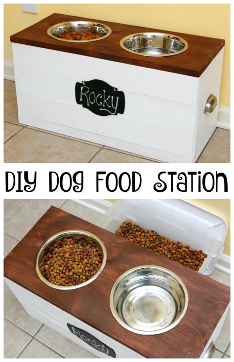 DIY Dog Food Station with Storage #BeyondSnacks #Ad Dog Food Station With Storage, Diy Dog Food Station, Dog Food Stands, Dog Station, Katt Diy, Dog Food Station, Dog Feeding Station, Dog Storage, Diy Dog Food