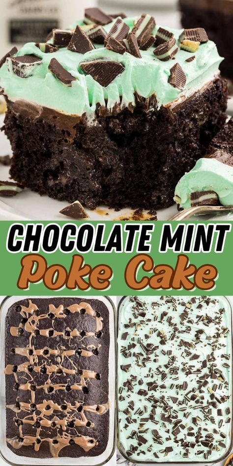 Quick And Easy St Patricks Day Desserts, Mint Poke Cake, Chocolate Pudding Poke Cake, Mint Chocolate Pudding, Classic Chocolate Cake Recipe, Andes Mint Chocolate, Mint Desserts, Mint Chocolate Cake, Pudding Poke Cake