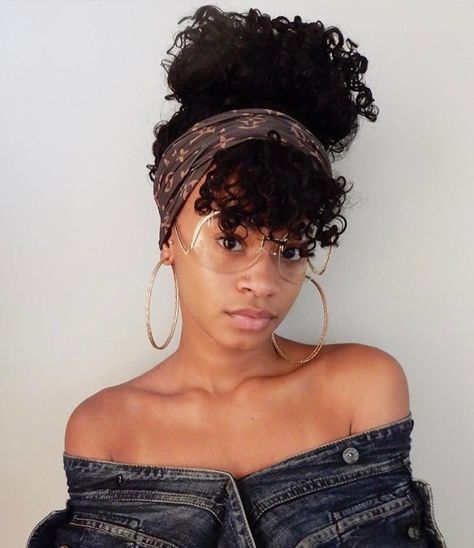 Wrapping a stylish scarf around your hairline gives you an instant cool-girl vibe + allows your curly bangs to shine! African American Hairstyles 2023, Camping Hairstyles Black Women, Black Girls Hairstyles With Bangs, Cute Short Natural Hairstyles 4c, Natural Hair Bangs, Curly Updos, Natural Hair Ponytail, Hairstyles Bangs, Natural Hair Moisturizer