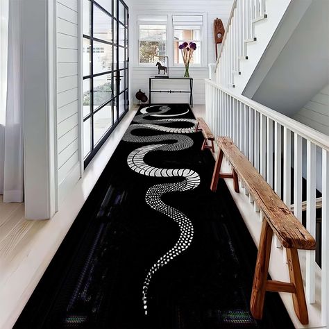 Dark Maximalism, Office Yoga Room, Flower Arrow, Runner Rug Black, Hallway Long, Black Hallway, White Hallway, Live Room, Room Boys