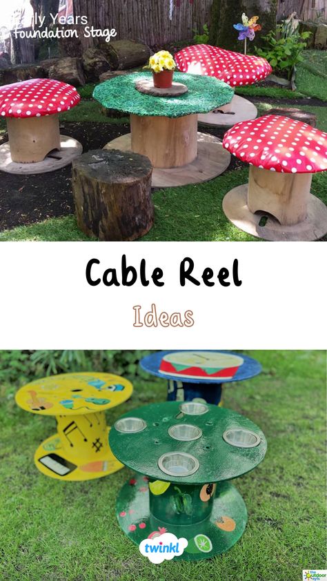 Transform your cable reel into these lovely resources for your outdoor area eyfs! Thanks to the outdoor eyfs & Catherine Lane Outdoor Enhancements Eyfs, Outdoor Set Ups Childcare, Outdoor Nature Area Eyfs, Cable Reel Ideas Eyfs Outdoor Play, Cable Reel Mud Kitchen, Year 2 Outdoor Provision, Eyfs Outdoor Art Area, Cable Reels Eyfs, Outdoor Area Ks1