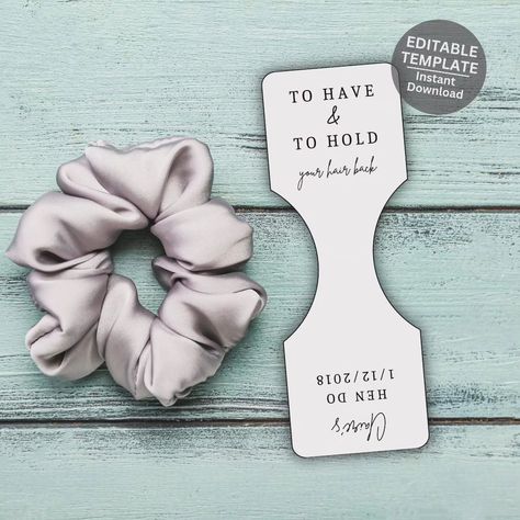 The newest addition to our digital downloads. Scrunchie tags! Editable in canva, easily printed and cut out. Pysical item coming soon! https://designsbypeachykeen.etsy.com/listing/1768652081 #scrunchietag #bridesmaidgifts #flowergirlgift #hairaccessory Printable Scrunchie Tag Template, Scrunchie Tags, Wedding Infographic, Wedding Newspaper, Free Printable Tags, Bridemaids Gifts, Proposal Box, Bridesmaid Proposal Box, Flower Girl Gifts