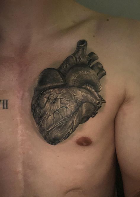 Heart Tattoo On Chest, My Heart Tattoo, Realistic Heart Tattoo, Tattoo On Chest, Realistic Heart, R Tattoo, Tattoos Ideas, Chest Tattoo, Heart Tattoo