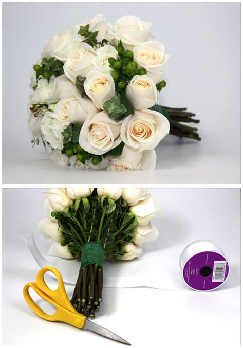 Step 4 and 5 Diy Wedding Flowers Bouquet, White Wax Flower, Make A Bouquet, Wedding Flower Guide, Diy Bridal Bouquet, White Rose Bouquet, Modern Wedding Flowers, Making A Bouquet, Unique Wedding Flowers