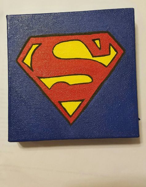 My DIY superman canvas! Super Hero Paintings, Mini Canvas Spiderman, Superhero Painting Canvas Easy, Spiderman Small Canvas Painting, Superman Painting Easy, Avengers Canvas Painting, Superhero Canvas Painting, Superman Painting Canvases, Superman Painting