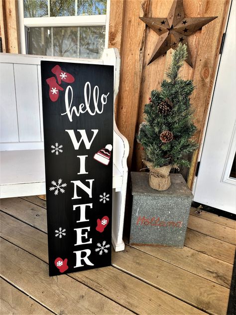 Porch Pumpkins, Winter Porch, Front Porch Signs, Winter Signs, Porch Welcome Sign, Christmas Signs Wood, Front Door Signs, Hello Winter, Painted Wood Signs