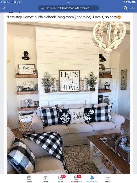 Buffalo Plaid Living Room, Plaid Living Room, Winter Living Room Decor, Plaid Pillows, Farmhouse Life, Winter Living Room, Chic Christmas Decor, Farmhouse Living Room Decor Ideas, Farmhouse Style Christmas