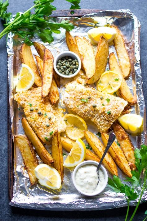 Oven Baked Fish and Chips Baked Fish And Chips, Turnip Fries, Entree Ideas, Oven Baked Fish, Crispy Potato Wedges, Battered Fish, Sweet Potato Wedges, Fry Recipes, Easy Seafood