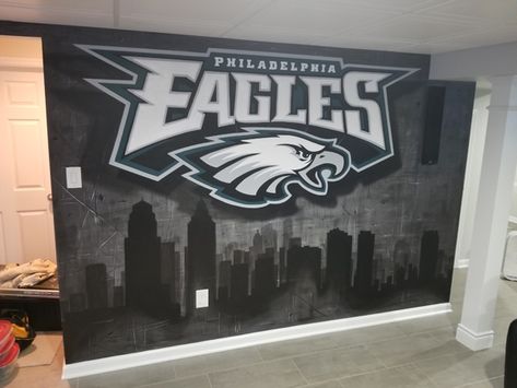 Eagles Mural, Philadelphia Eagles, Man Cave Decor, Eagles Decor, Hand-painted Eagles Diy Crafts Philadelphia, Philadelphia Eagles Room Ideas, Eagles Basement Man Cave, Philadelphia Eagles Basement, Philadelphia Eagles Man Cave Ideas, Eagles Basement, Philadelphia Eagles Bedroom, Philadelphia Eagles Room, Eagles Bedroom