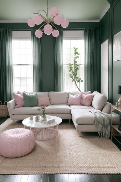 Living Room Pink Couch, Rich Living Room, Couch Ottoman, Couch White, Massage Room Design, Pink Apartment, Green Room Decor, White Ottoman, Pink Couch