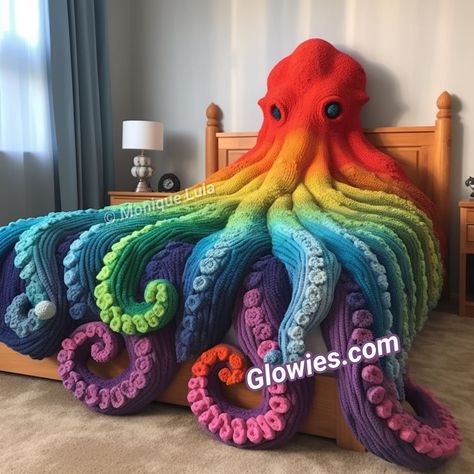 rainbow octopus bed 🌈🐙 - Glow Lockets by Monique Lula | Facebook Octopus Blanket, Octopus Bedding, Rainbow Octopus, Monique Lula, Crochet Scarf Pattern Free, Crochet Octopus, Soft Toy Animals, Crochet Quilt, Knitted Flowers