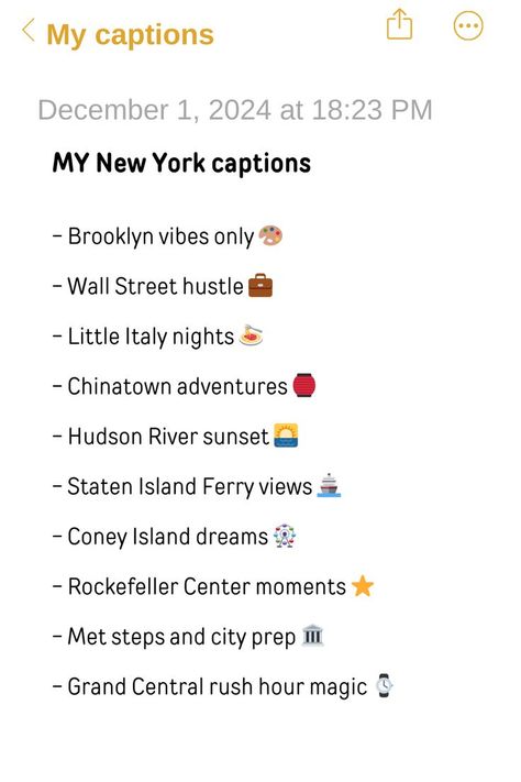 Notes app mockup filled with unique City Photo Captions, Brooklyn Quotes New York, and Nyfw Captions for Instagram. New City Captions, Taylor Swift Baddie, Nyc Captions Instagram, Photo Dump Captions, City Captions, Staten Island Ferry, Baddie Vibes, Rockefeller Center, Rush Hour