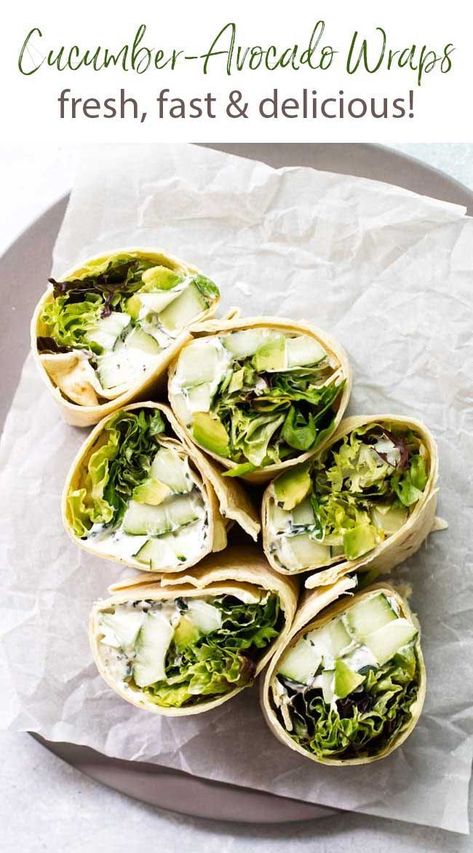 These fresh and crisp cucumber avocado wraps with fresh greens are sort of like those little cucumber sandwiches served at tea parties, but a lot less fussy and more amped up thanks to a pesto-spiked cream cheese spread. They’re an easy no-cook weekday lunch. Easy Vegetarian Wraps Lunches, Cucumber Avocado Sandwich, Avocado Wrap Vegetarian, Avocado Wraps Recipes, Vegetarian Wraps Recipes, Breakfast Cucumber, Cucumber Wrap, Cucumber Wraps, Avocado Wrap Recipes