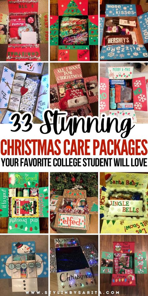 DIY Christmas care package ideas Night Before Christmas Gift Ideas, Christmas Box For College Student, Christmas Themed Care Packages, Family Christmas Box Gift Ideas, Mailing Christmas Packages, Creative Care Packages, Christmas College Care Package Ideas, Fall Deployment Care Package, Hot Cocoa Care Package